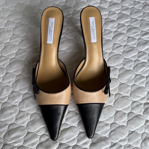 Tony Bianco Black and Tan Heels Elegant Pointed Toe - Picture 2 of 7